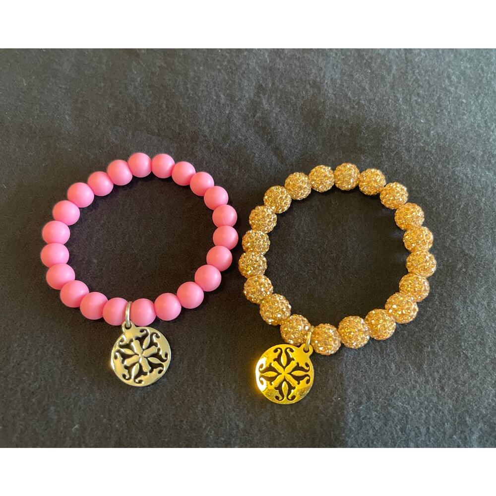 Rustic Cuff Stretch Bracelet Lot Rose Gold Pave Crystal & Pink